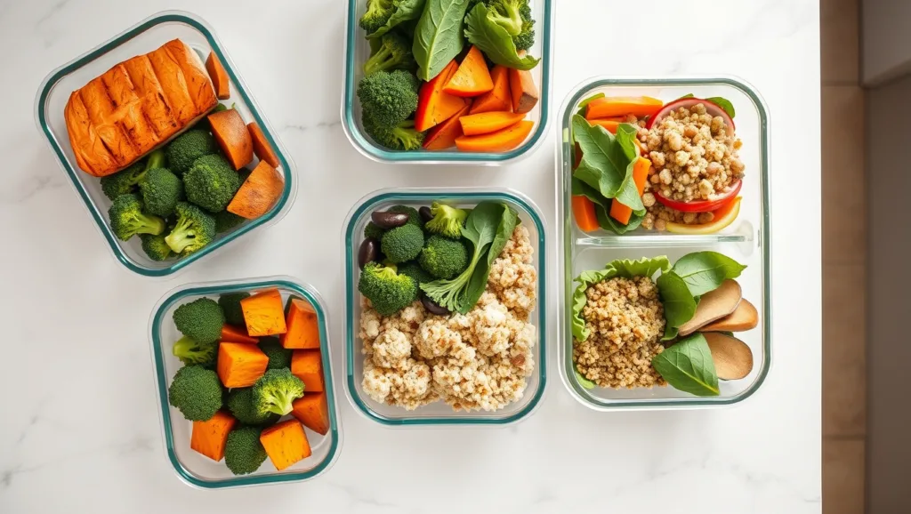 A variety of healthy meal prep containers arranged on a clean kitchen counter featuring colorful vegetables, proteins, and grains.