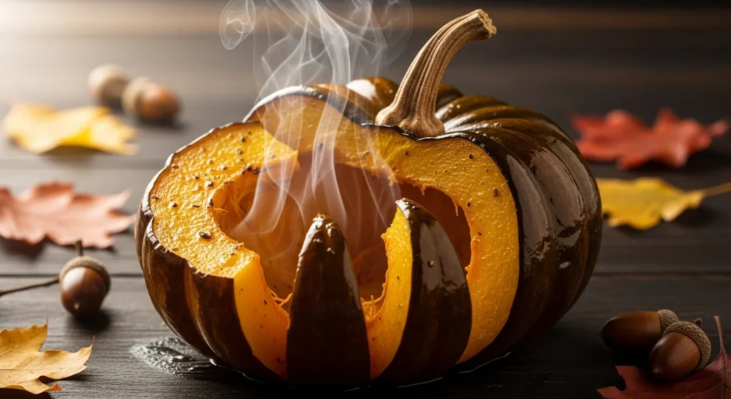 A beautifully roasted acorn squash halved on a rustic wooden plate, surrounded by fresh herbs and a heart-shaped bowl of seeds.