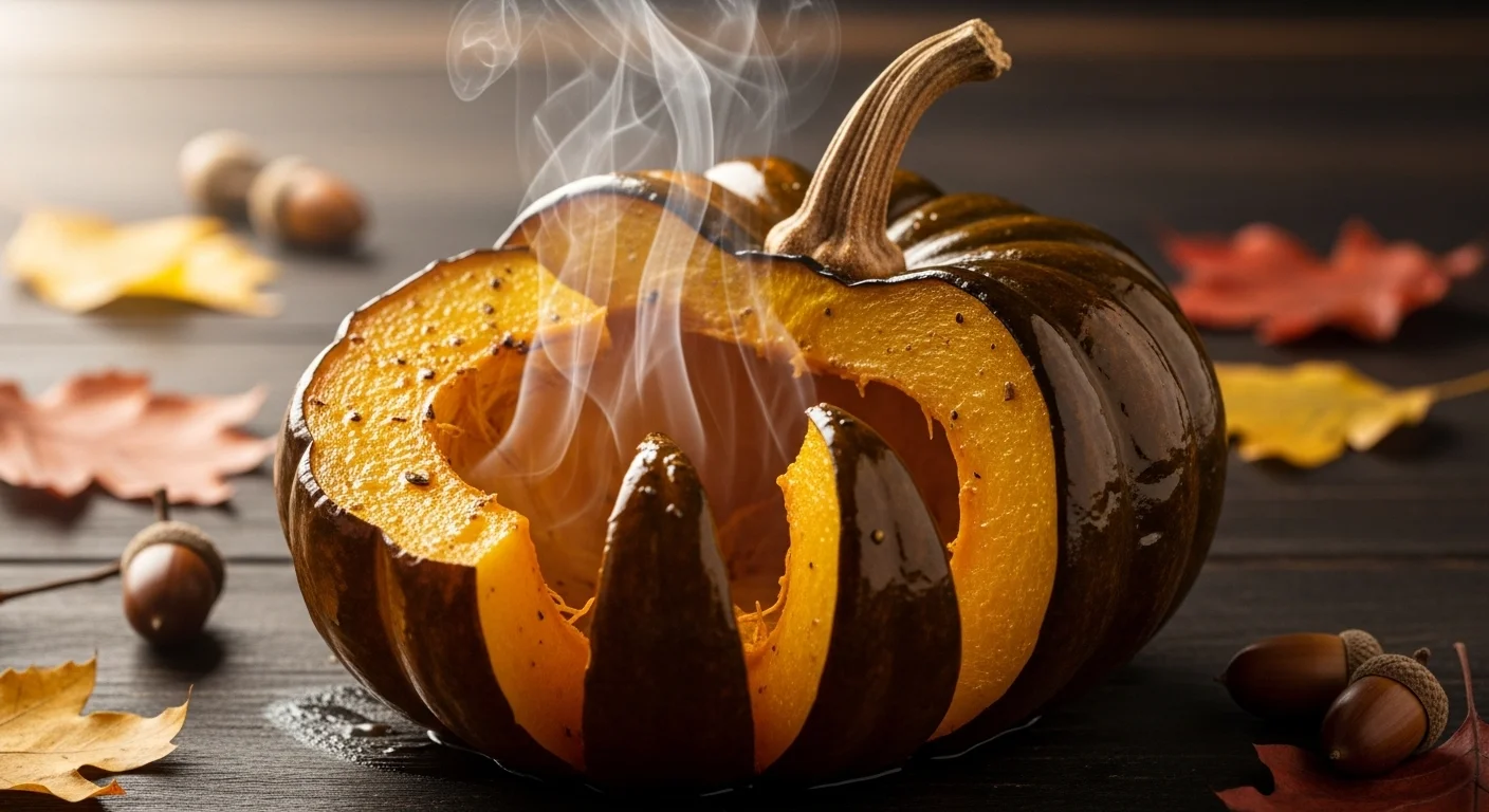 A beautifully roasted acorn squash halved on a rustic wooden plate, surrounded by fresh herbs and a heart-shaped bowl of seeds.