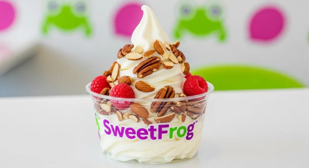 A colorful keto-friendly frozen yogurt cup from SweetFrog with sugar-free base and low-carb toppings like nuts and berries.