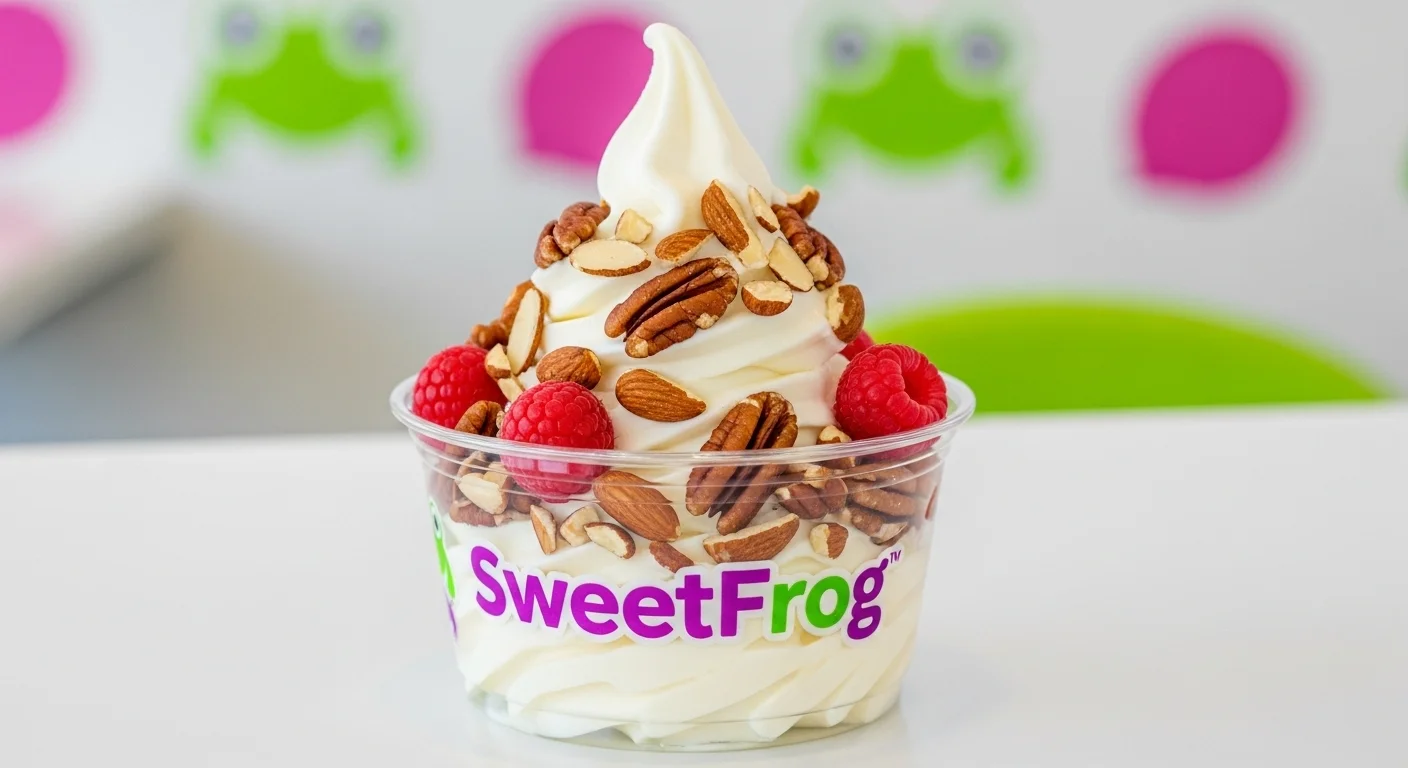 A colorful keto-friendly frozen yogurt cup from SweetFrog with sugar-free base and low-carb toppings like nuts and berries.