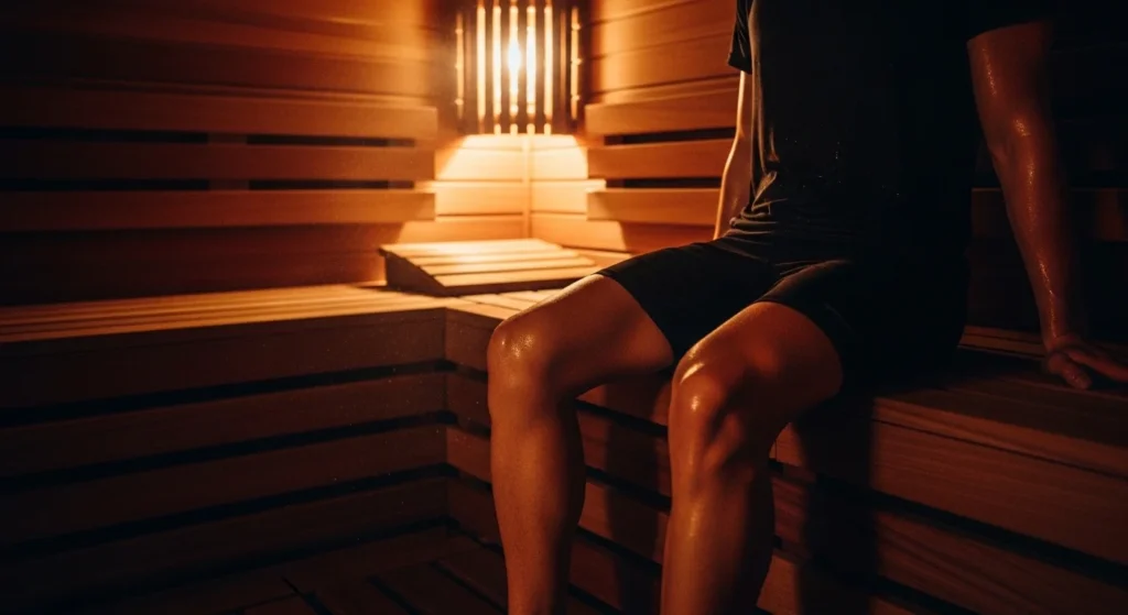 A fit individual relaxing in a steam-filled wooden sauna after a workout session.