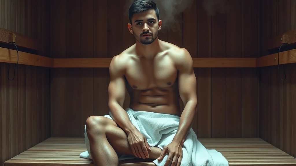 A person relaxing in a wooden sauna room after a workout, sweating slightly with a towel.