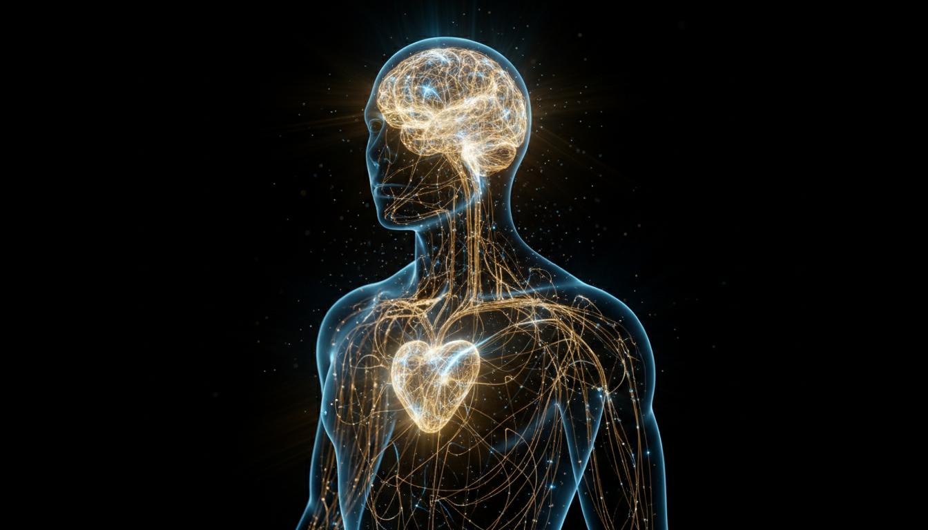Person meditating with glowing energy pathways connecting mind and body.