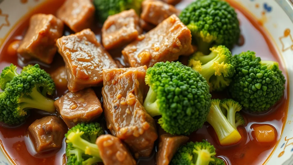 Close up of Broccoli Beef entree showing steam rising
