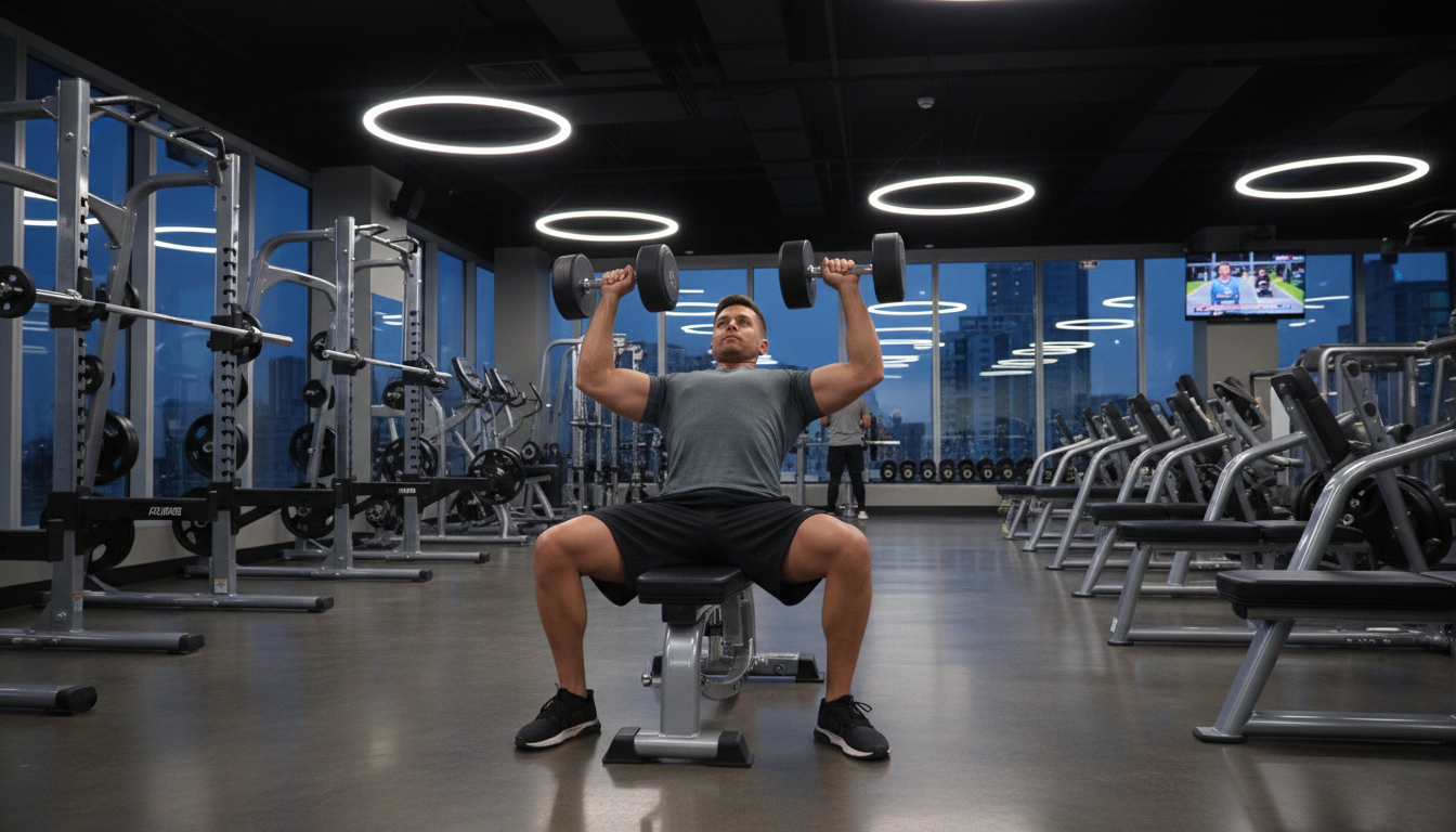 Man performing a dumbbell press as part of a push day workout routine