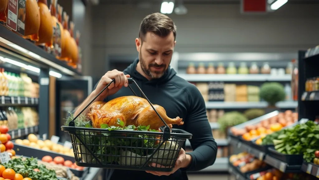 Adam Steele examining costco rotisserie chicken nutrition facts in a grocery store