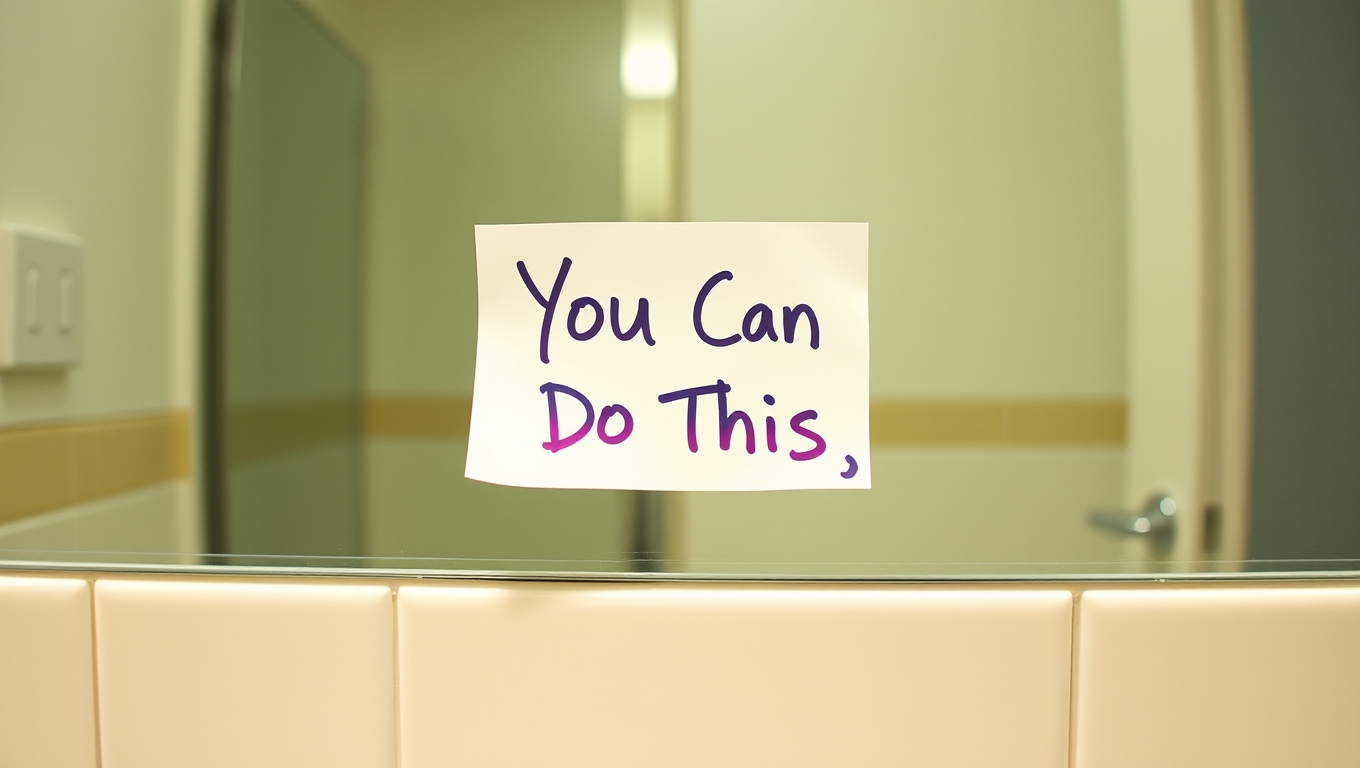 Bathroom mirror with a handwritten motivational sticky note attached to the glass