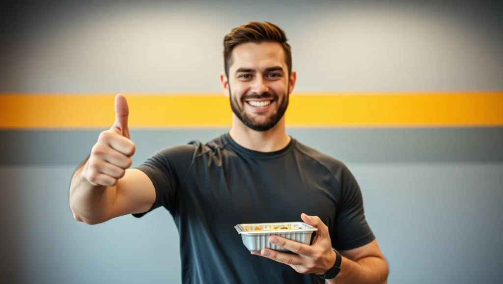 A fit man smiling while holding a nutritious fast food meal
