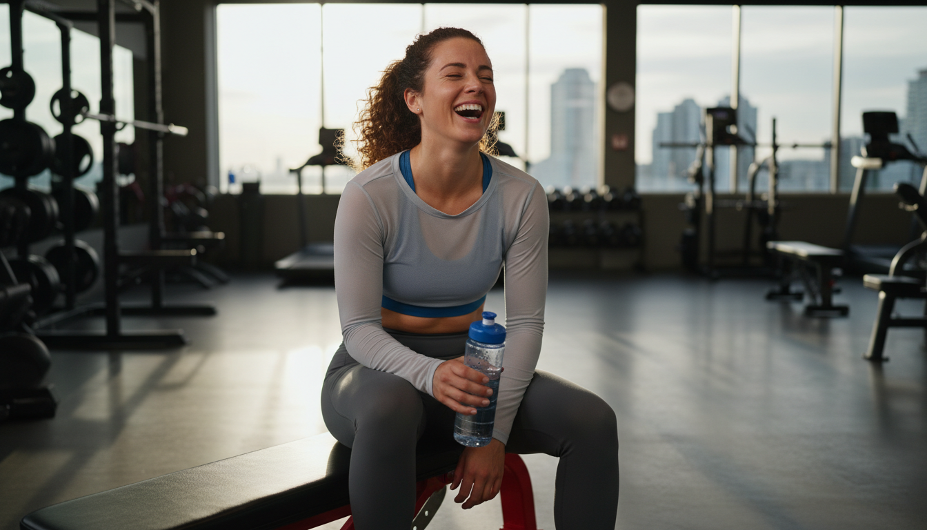 A tired but happy person laughing, illustrating funny workout quotes