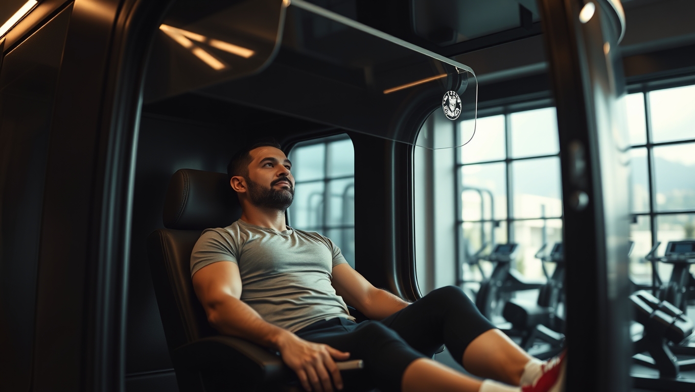 A woman relaxing inside the Planet Fitness Wellness Pod post-workout
