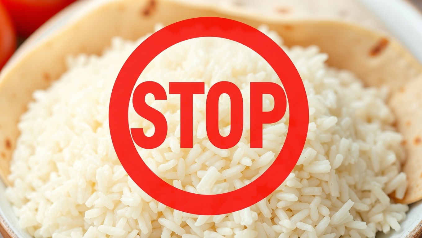 A visual comparison showing rice and tortillas as prohibited items