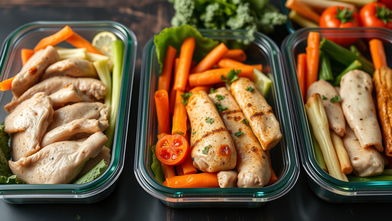 Rows of glass meal prep containers filled with broccoli, rice, and grilled chicken