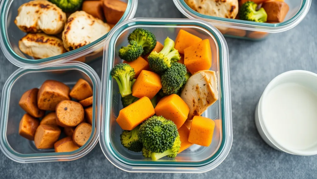 Meal prep containers filled with balanced essential nutrients found in a 30 Day Calisthenics Workout Plan