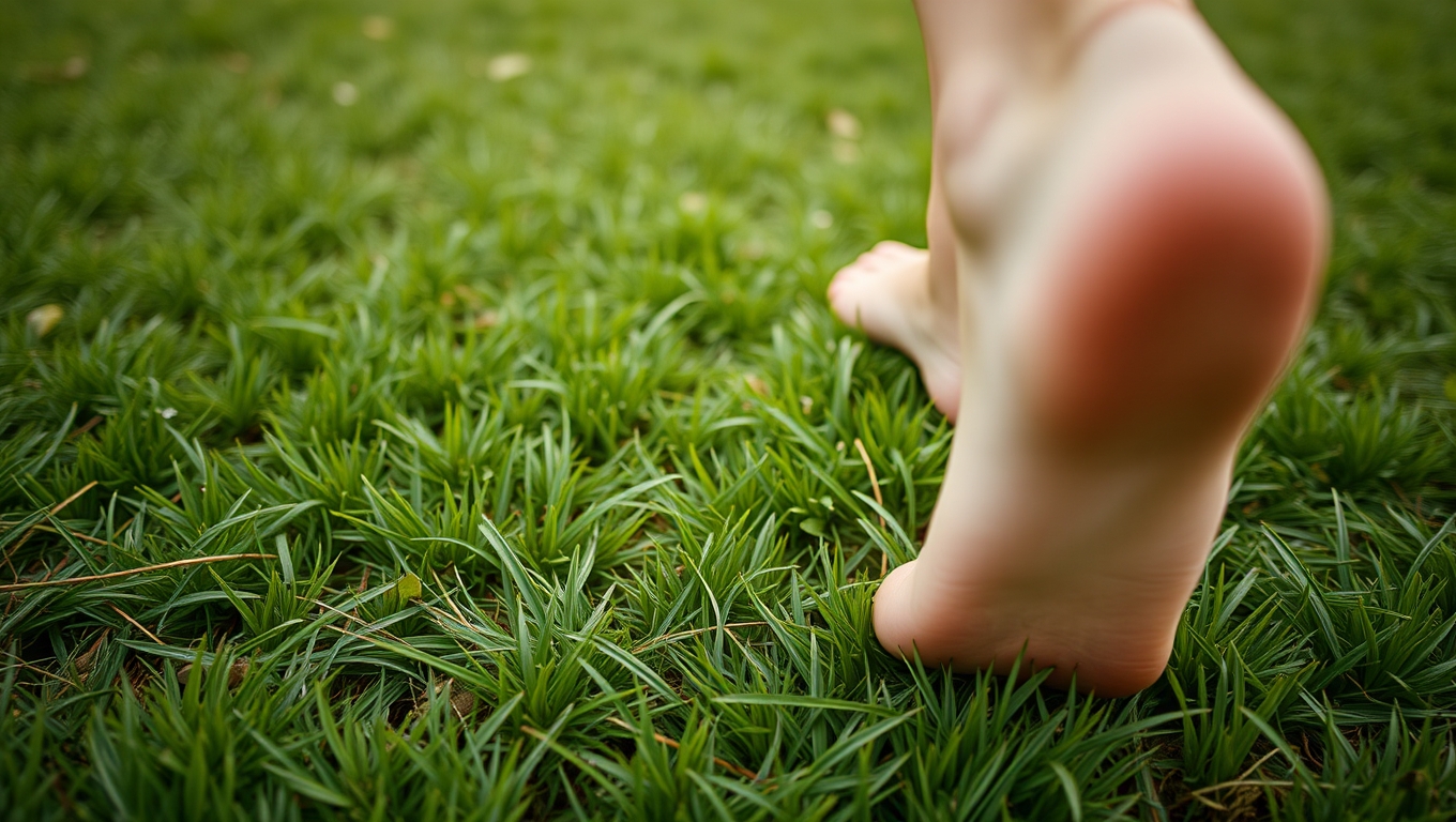 Close up of bare feet walking on grass