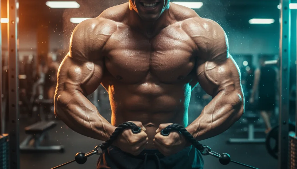 Bodybuilder lifting heavy dumbbells for push day workout routine.