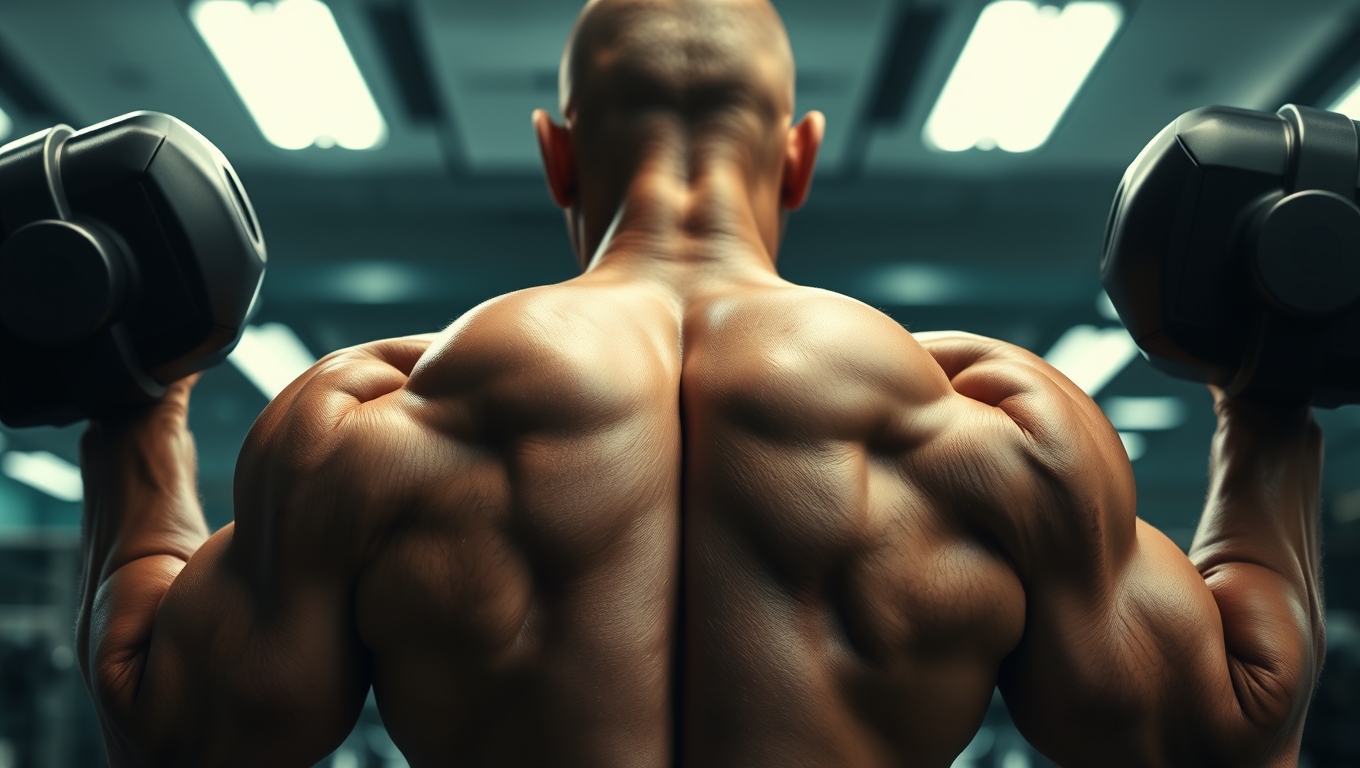Man performing intense dumbbell back and bicep workout for growth