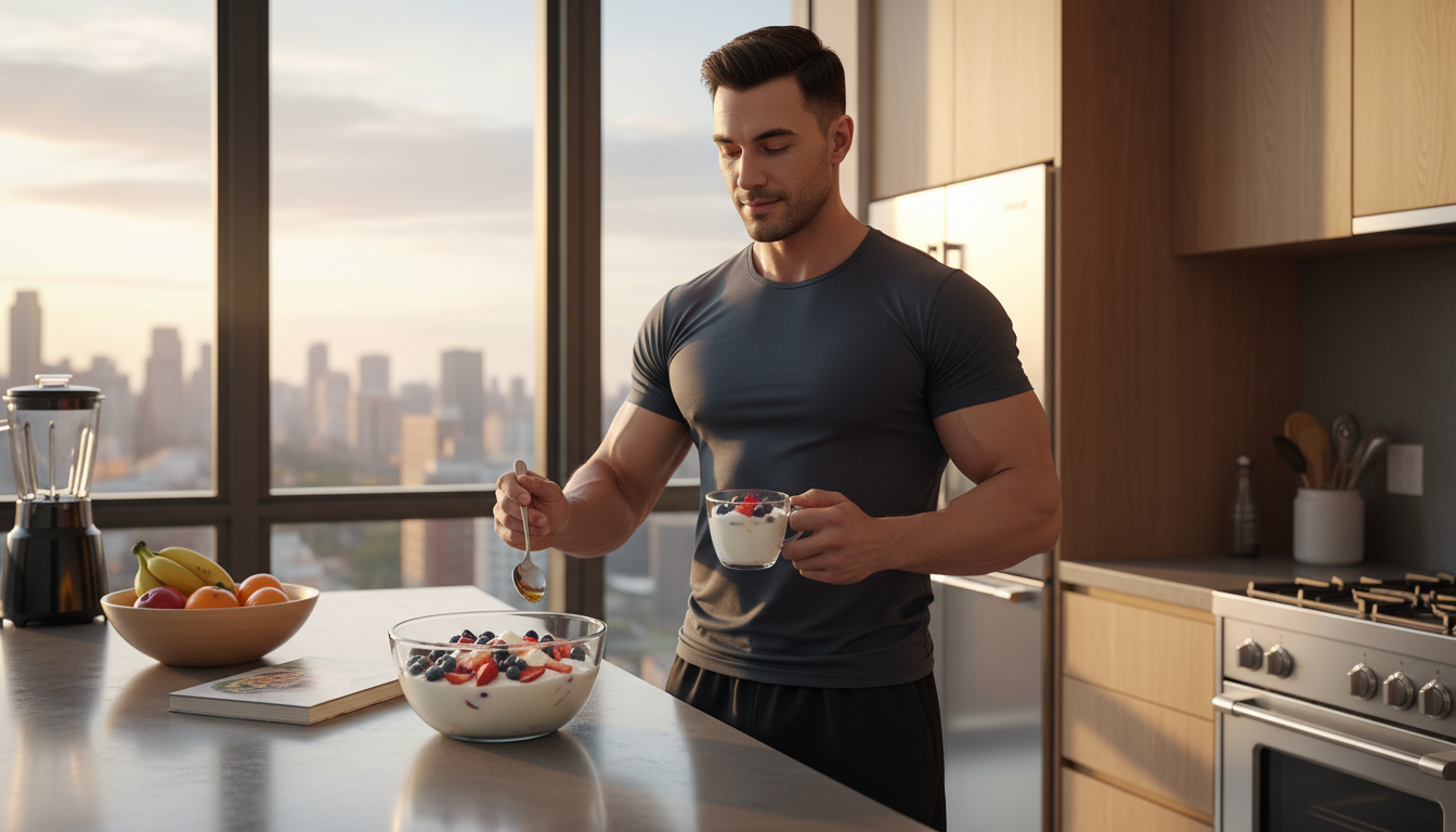 A fitness enthusiast checking oikos triple zero nutrition facts before eating