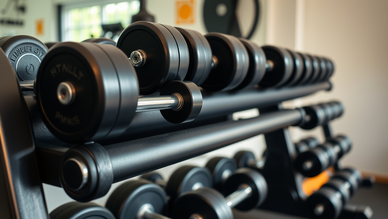 A neat rack of weights ready for a dumbbell back and bicep workout