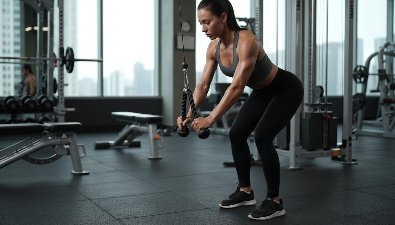 Woman executing a tricep pushdown in a push day workout routine