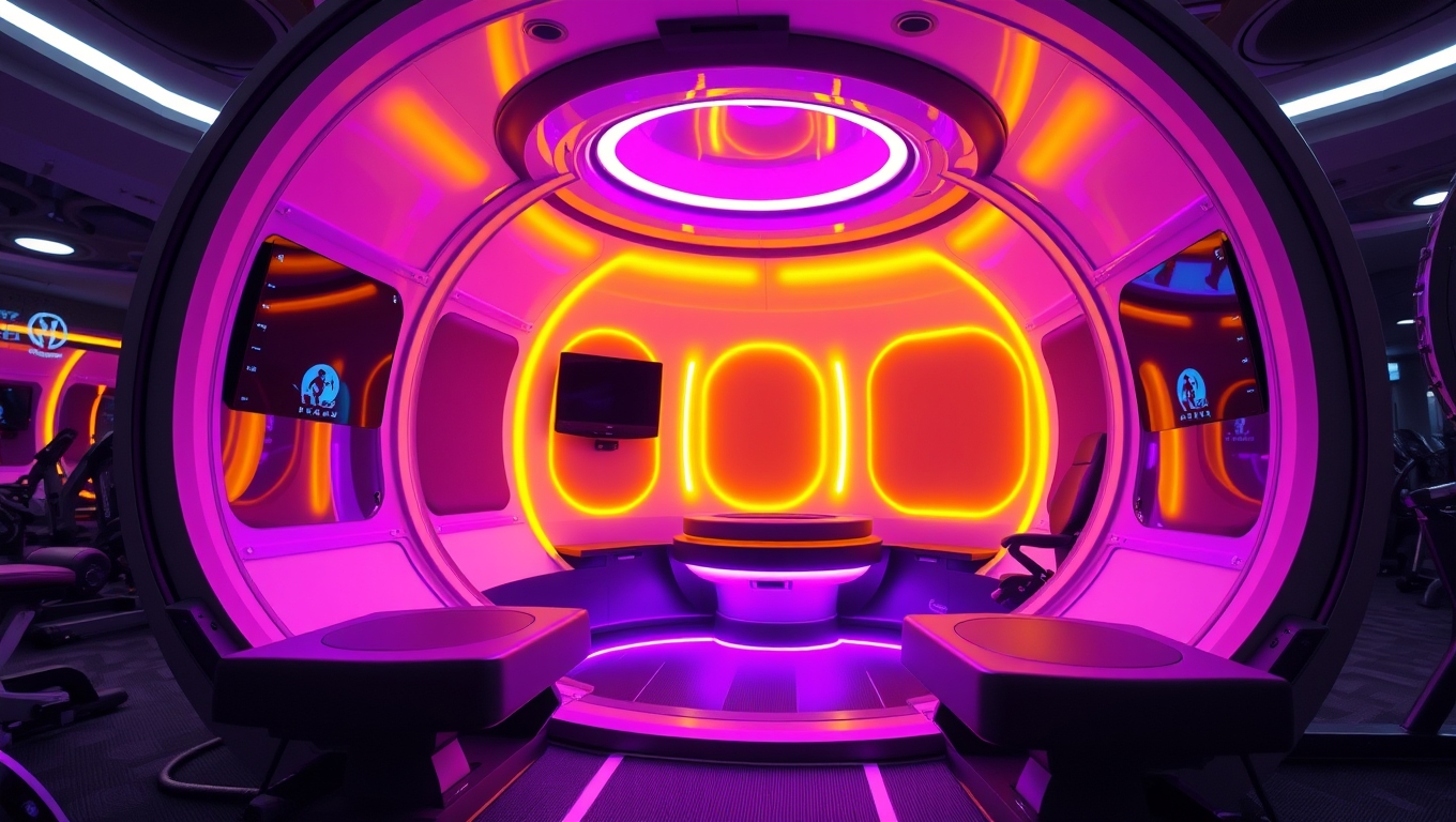 Woman relaxing inside a glowing purple Planet Fitness Wellness Pod