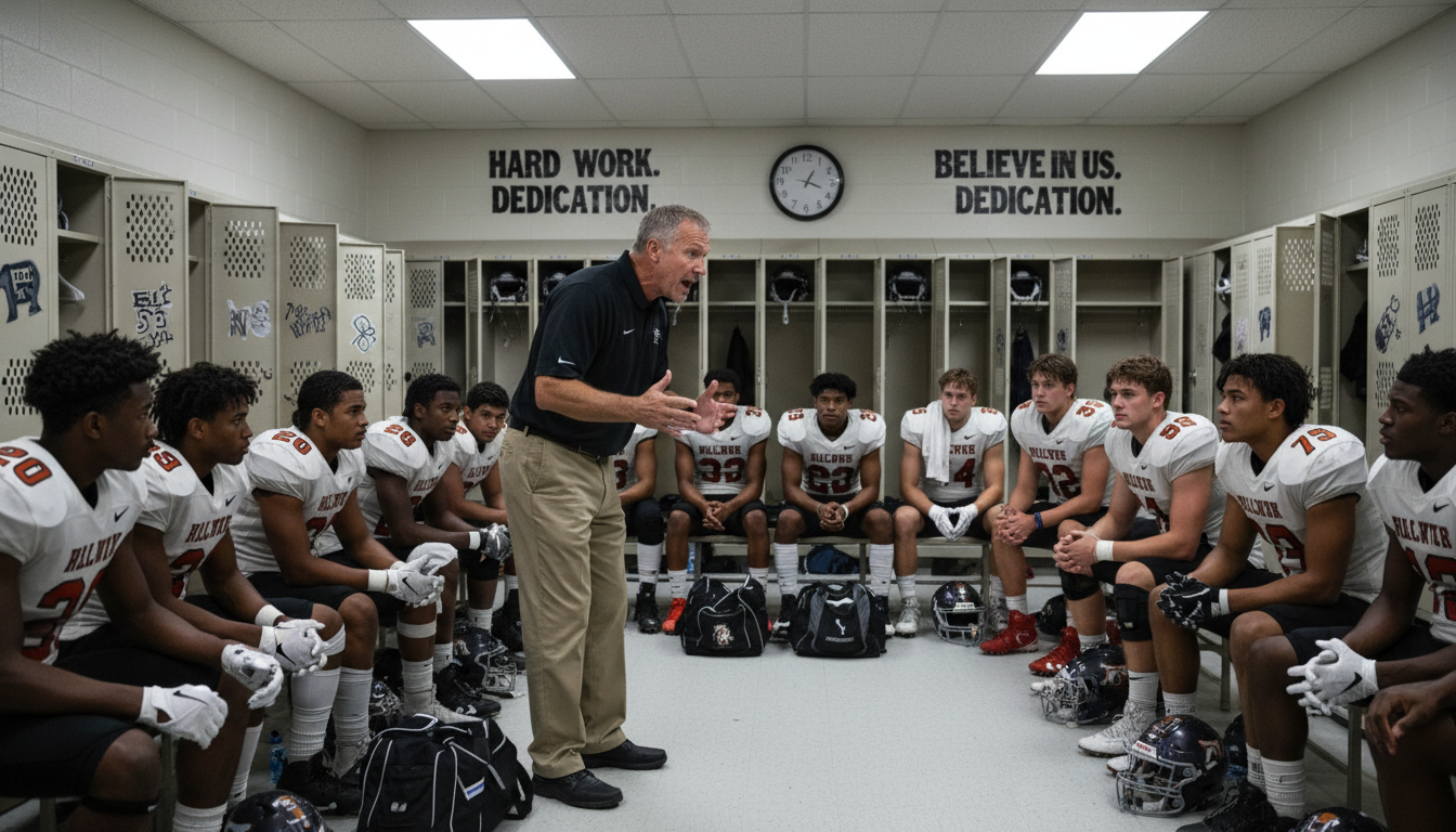 Coach delivering football motivational quotes to the team