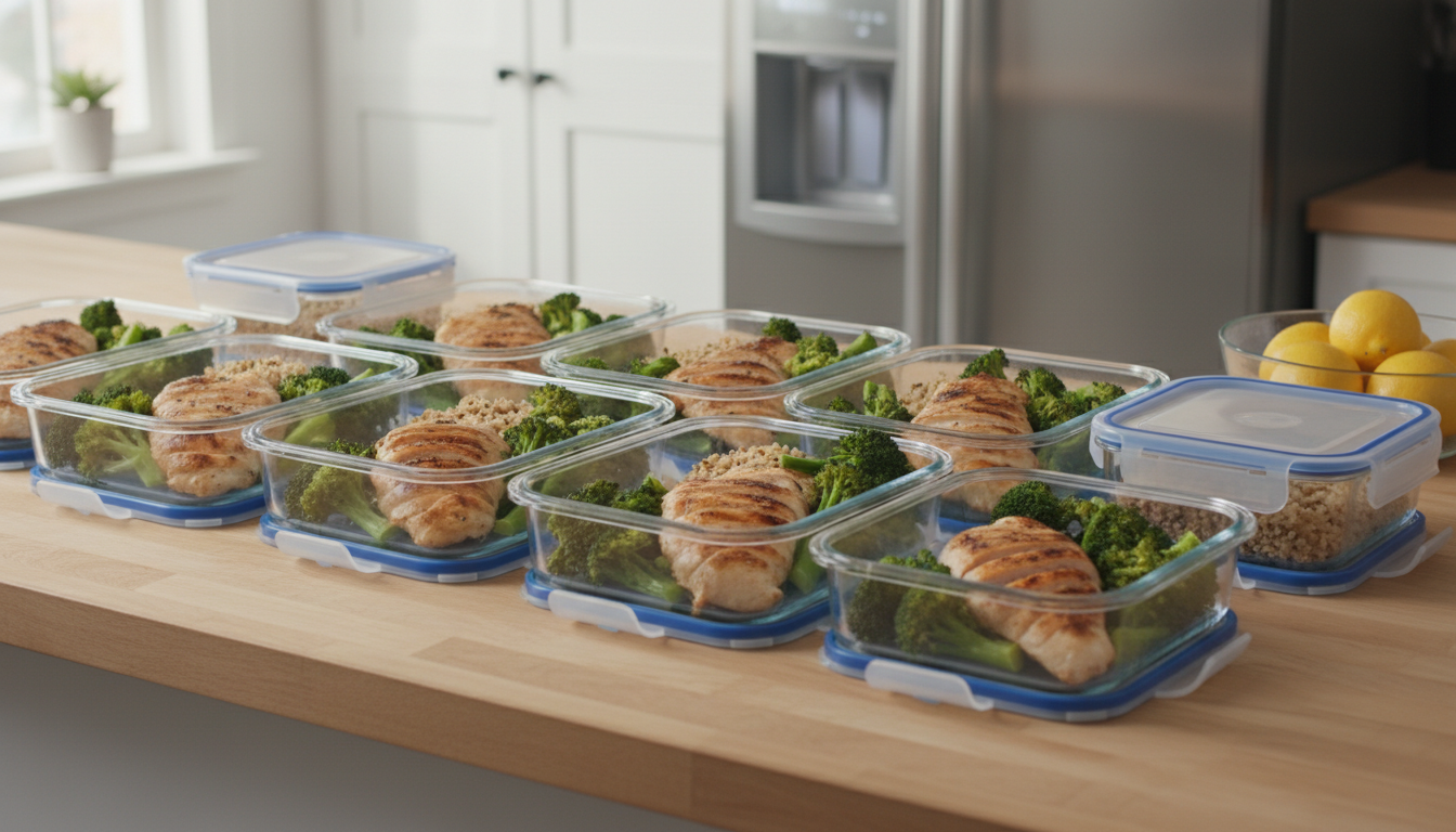 Rows of meal prep containers showing smart poultry selection with lean white meat