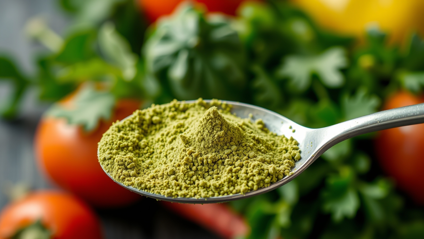 A scoop of gut health powder surrounded by fresh leafy greens and ginger