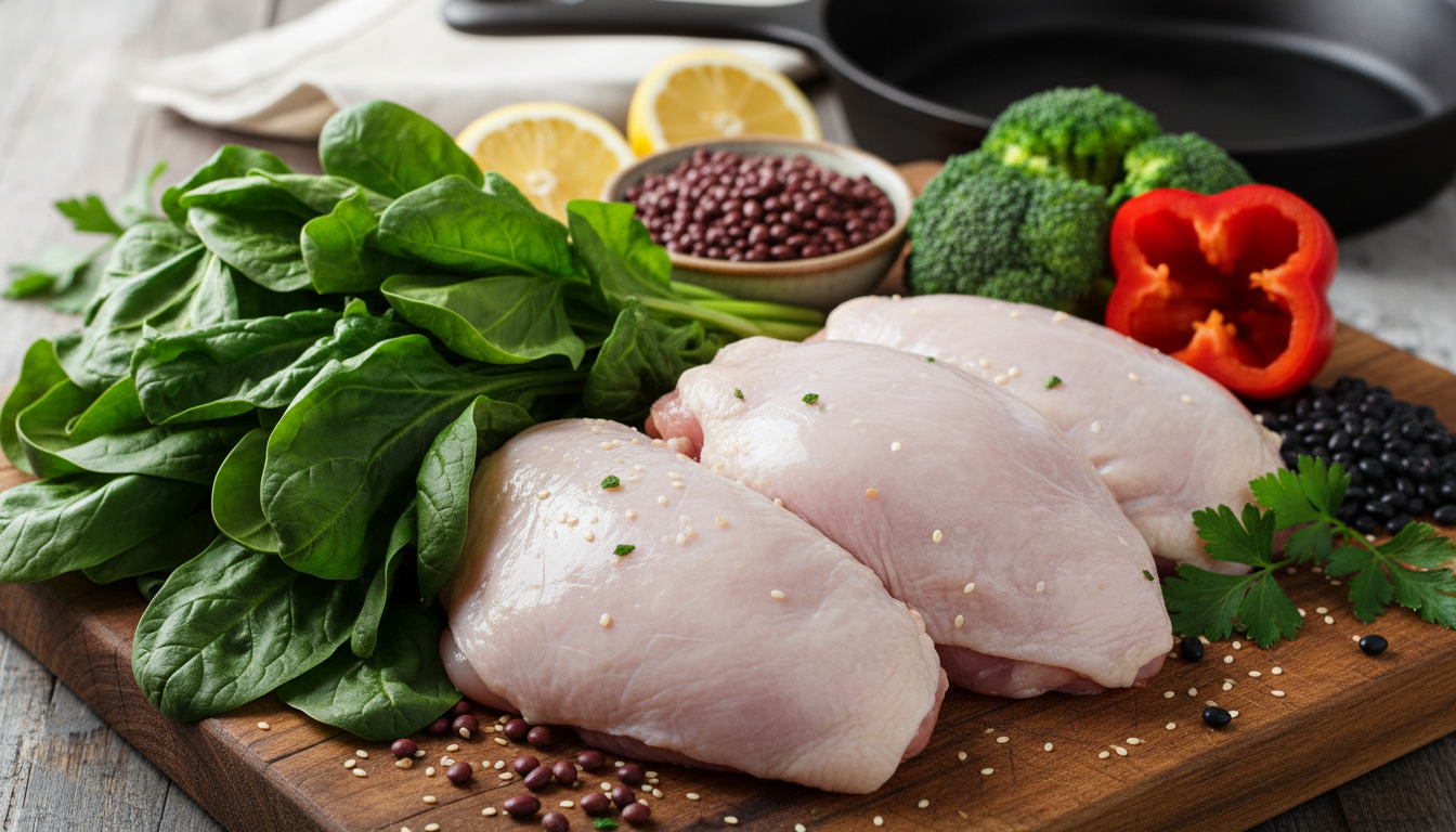 A display of ingredients highlighting the micronutrient benefits of chicken thigh vs breast nutrition