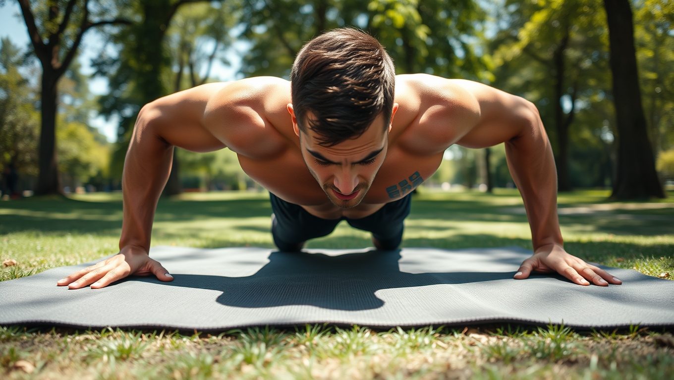 A man performing a strict pushup outdoors on a yoga mat