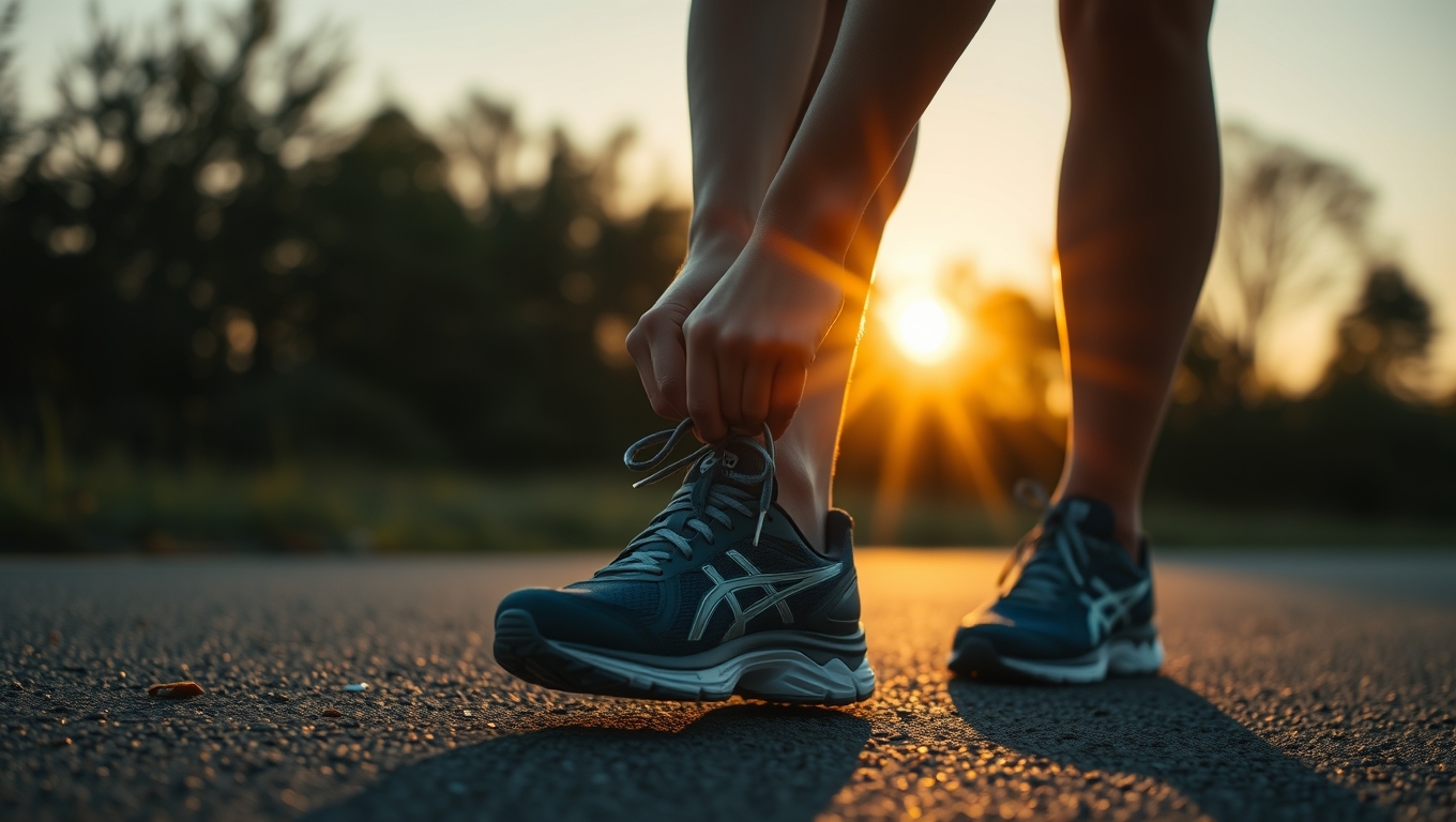 Close up of hands tying athletic shoelaces with early morning light in background