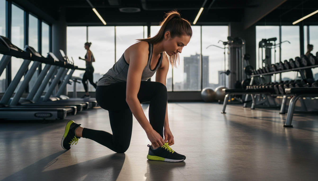 Female athlete tying sneakers before training
