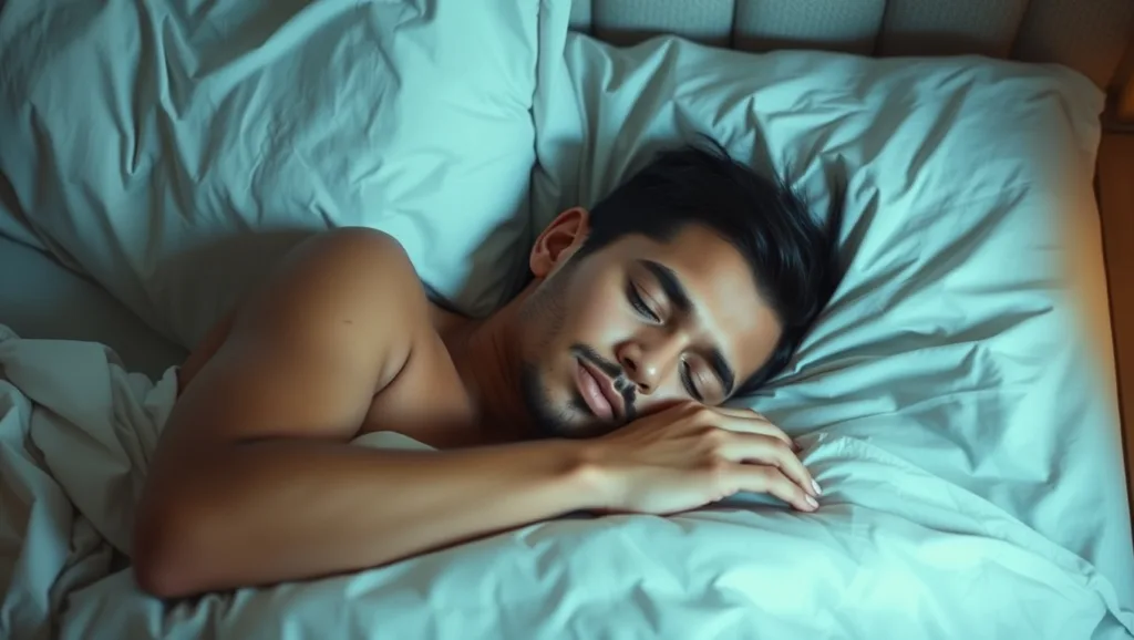 Peaceful person sleeping in a cozy bed with warm ambient lighting to document mind body connection