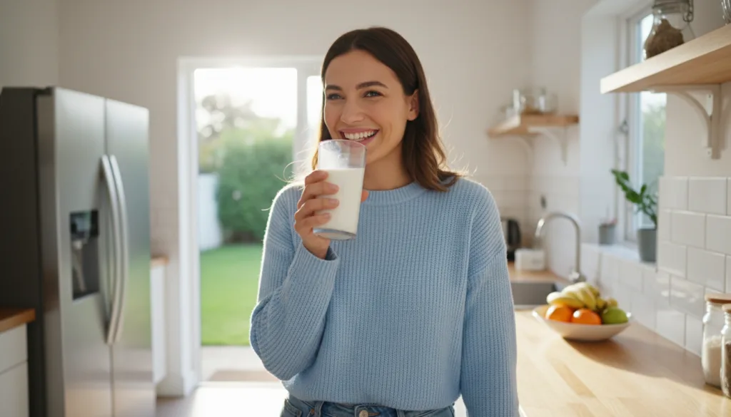 A satisfied woman drinking full cream milk, showcasing the benefits of whole milk for satiety