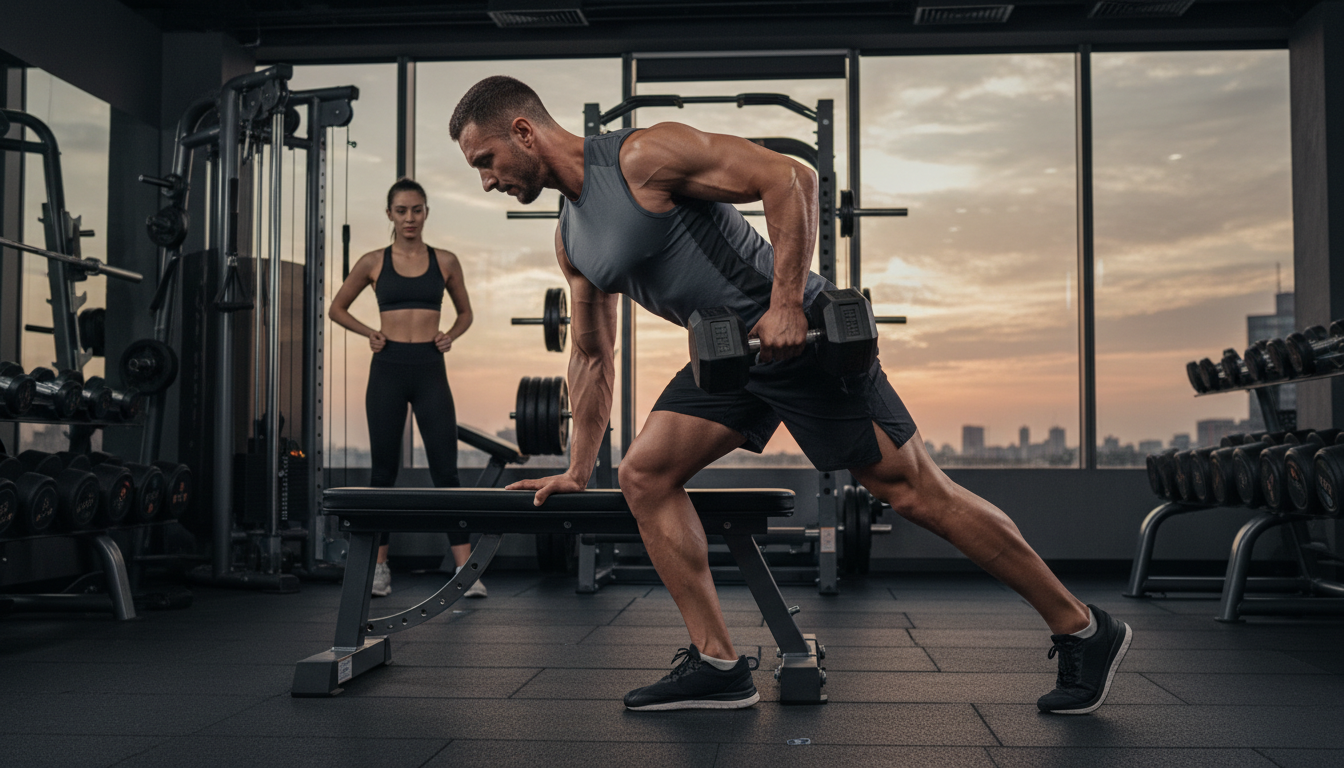 Man performing a single arm dumbbell row as part of a dumbbell back and bicep workout
