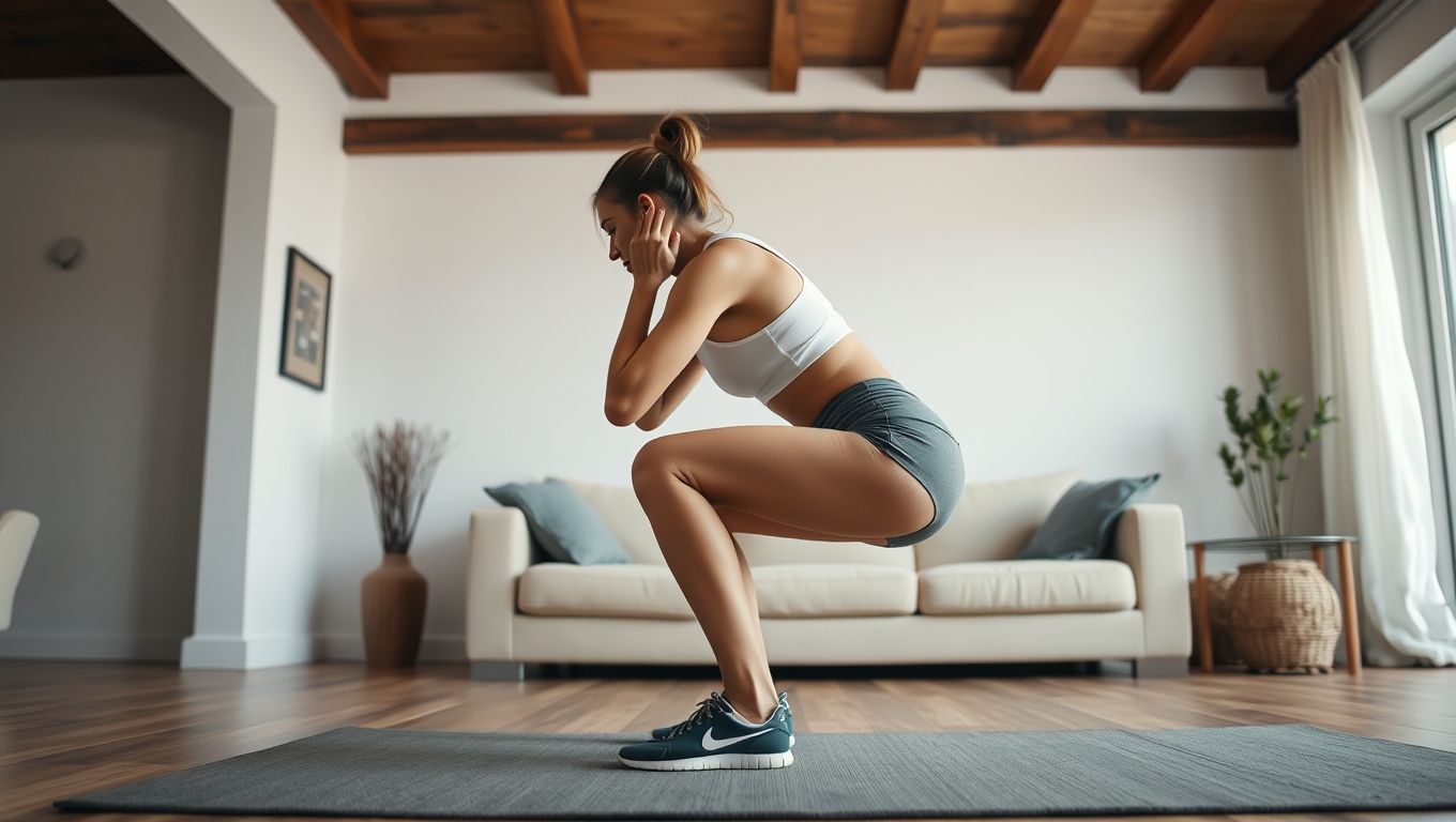 A woman performing a bodyweight squat with proper form