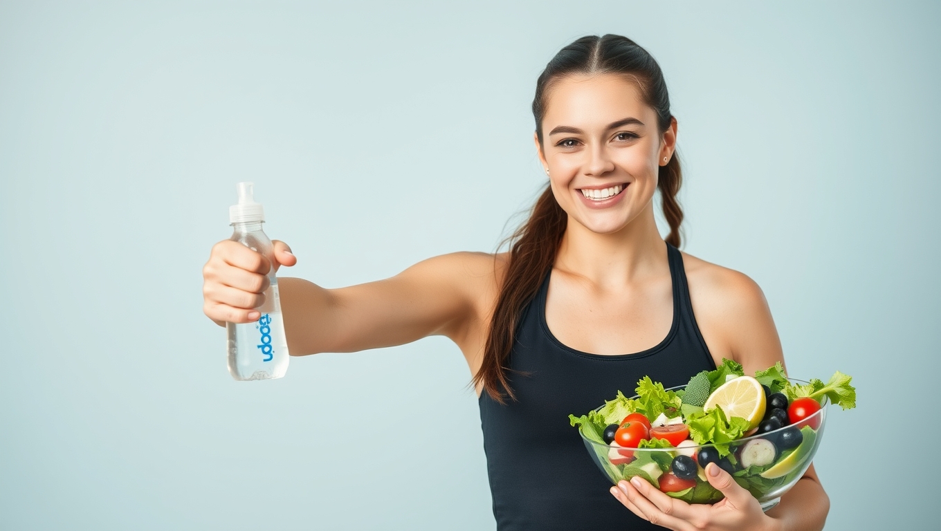 A fit person smiling and holding a healthy meal in a casual setting