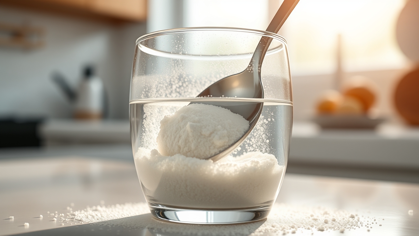 A glass of water with dissolving gut health powder.