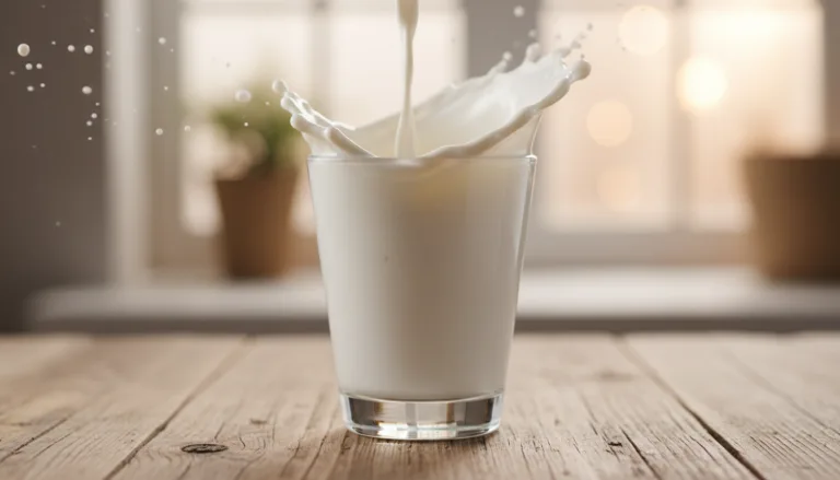 Pouring a creamy glass showing the benefits of whole milk.