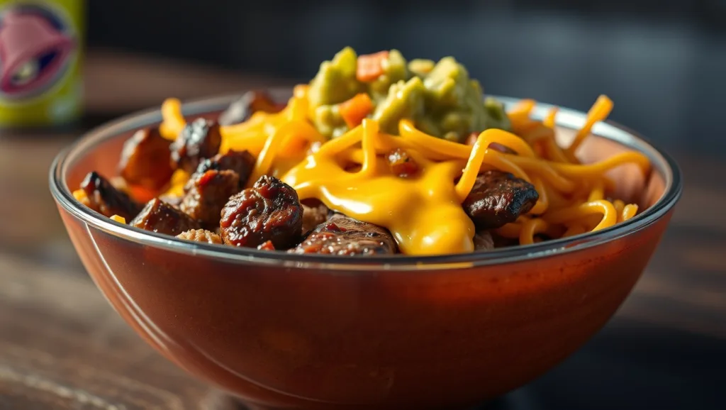 A delicious Taco Bell keto steak bowl with guacamole.