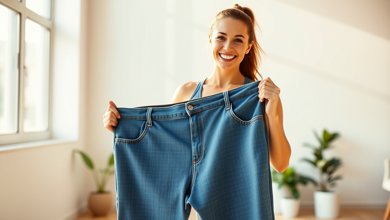 A fit woman holding up her old oversized denim jeans.