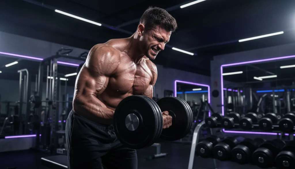 Fitness model performing a dumbbell back and bicep workout.