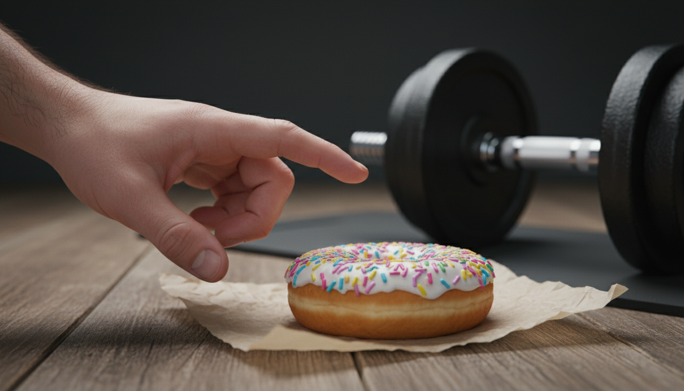 Dumbbell versus donut dilemma, representing funny workout quotes about food