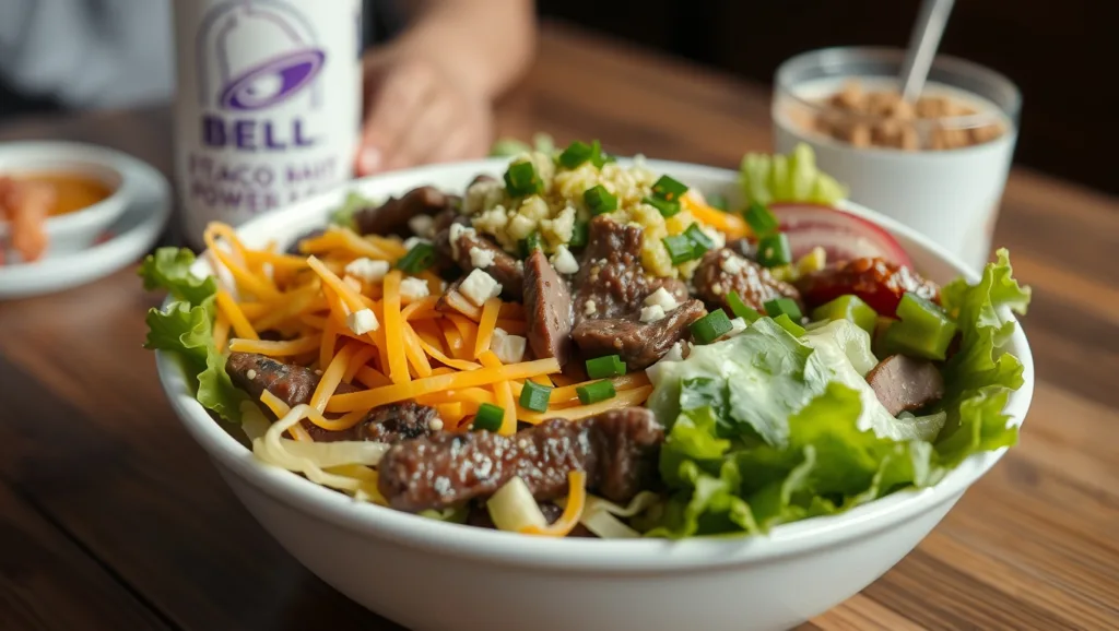 A top-down view of a low carb taco bell power bowl with steak and no rice