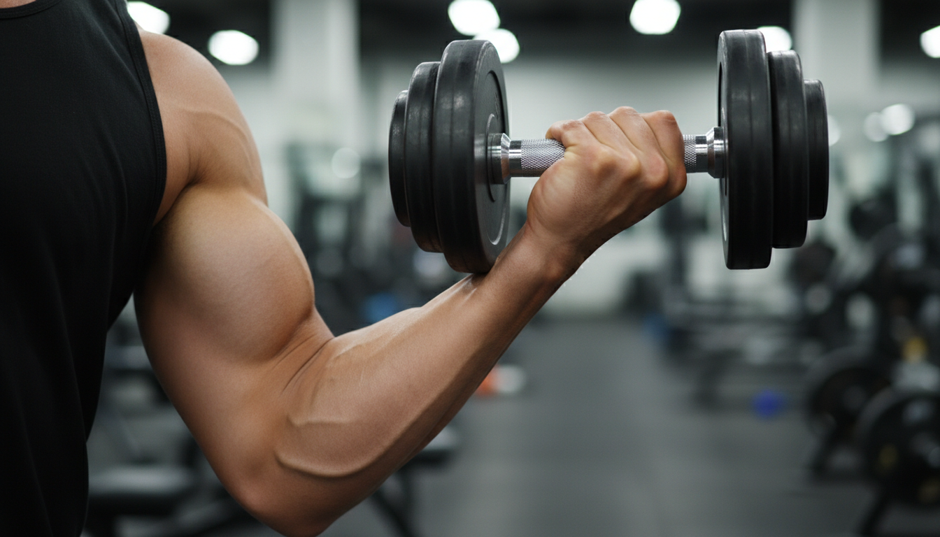 Close up of a bicep curl emphasizing the twist at the top for a dumbbell back and bicep workout