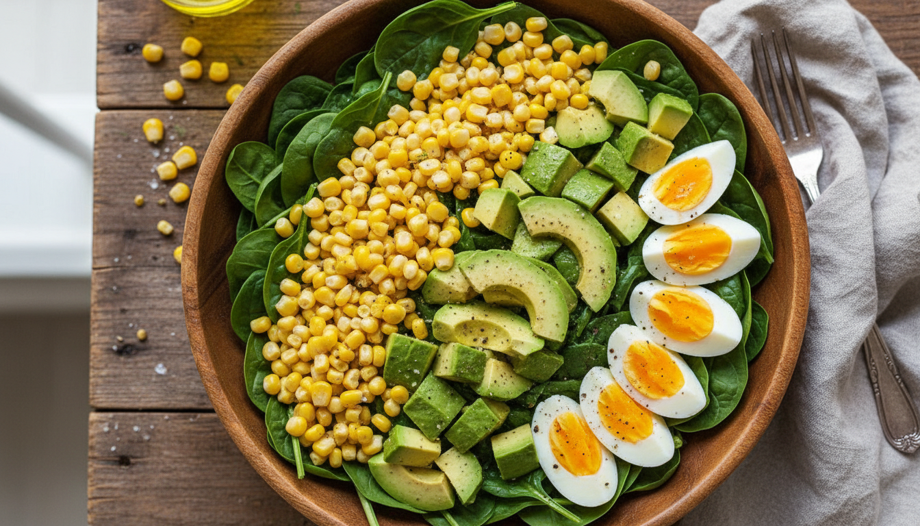 Salad containing spinach and eggs, rich sources of lutein and zeaxanthin