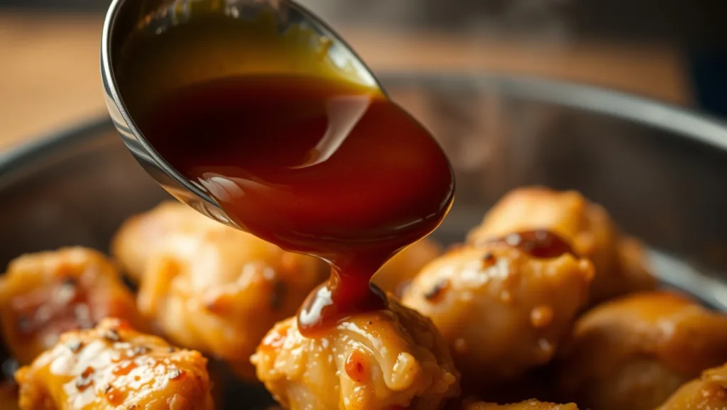Thick orange sauce being poured over fried chicken pieces in a wok
