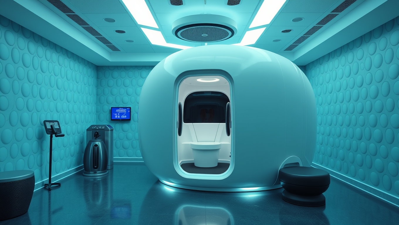 The white RelaxSpace Wellness Pod located in the Planet Fitness spa section