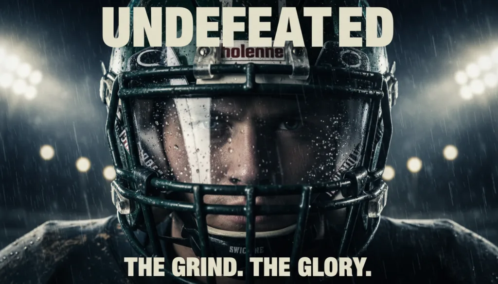 Determined football player on field with football motivational quotes.