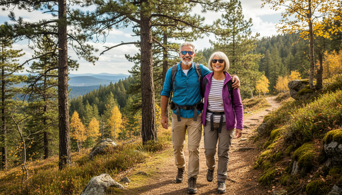 Older couple hiking, representing the long-term benefits of lutein and zeaxanthin
